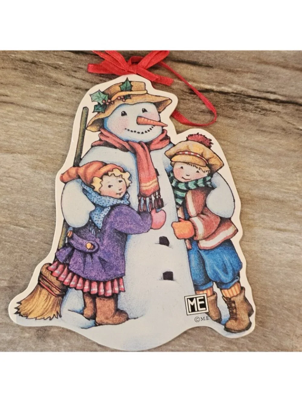 VTG Mary Engelbreit Snowman Christmas Ornament Hugging Boy Girl 5.5
